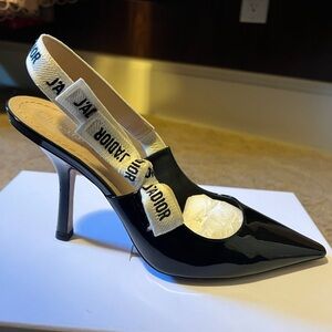 Dior Black Patent Leather Slingback Pumps with J'Adior Straps